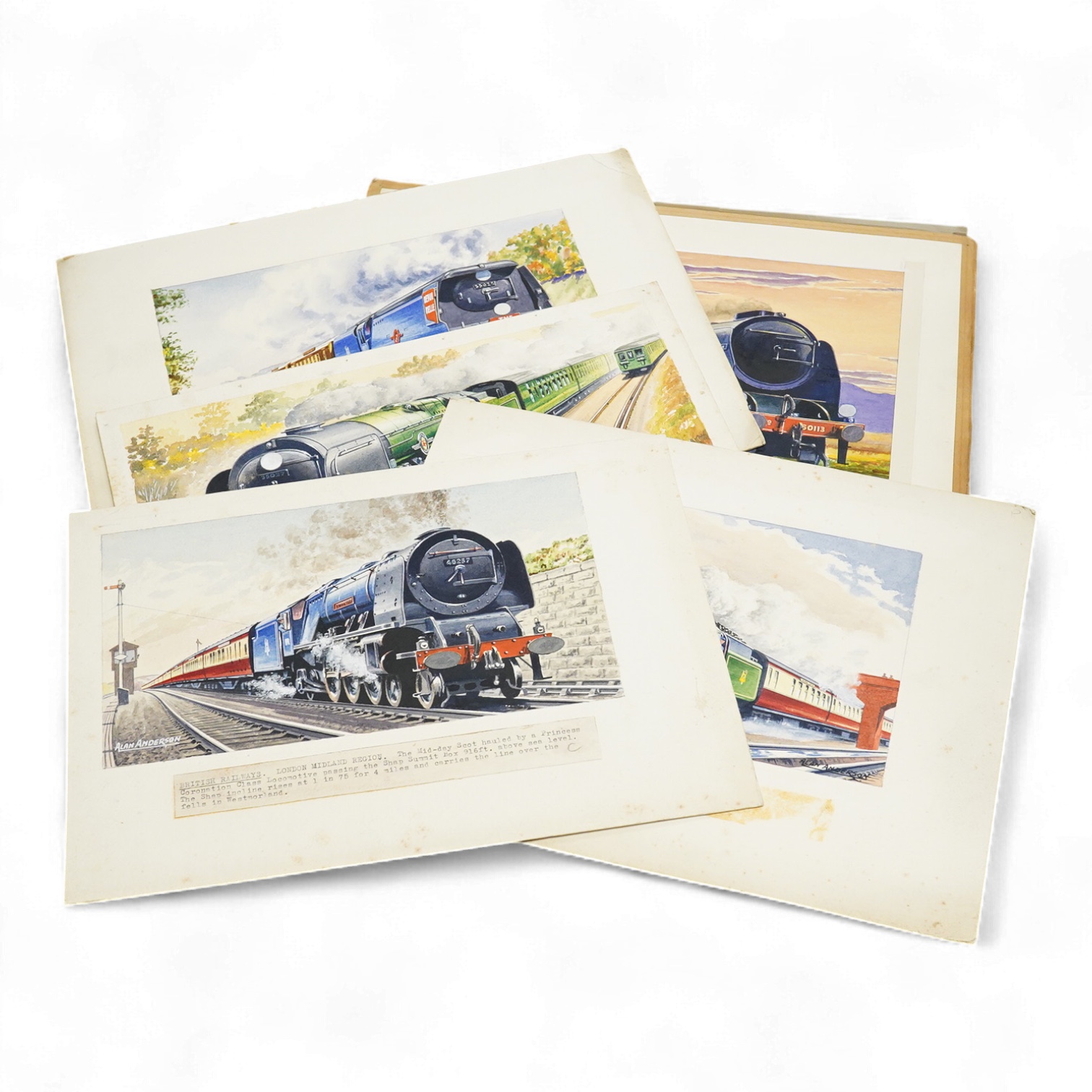 Alan Anderson, six original watercolours for postcard designs, Steam Trains to include ‘Scarborough Flyer’, ‘The Deron Belle’ and ‘Great Northern’, each signed, 26 x 37cm